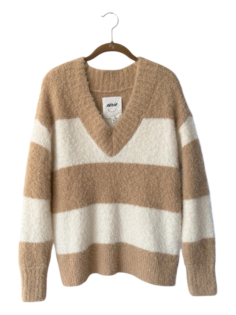 Aerie Women's Cream & Tan Striped V-Neck Sweater